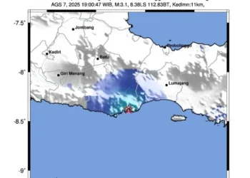 Peta pusat gempa magnitudo 3.1 di wilayah Kabupaten Malang, Jawa Timur, 7 Agustus 2025