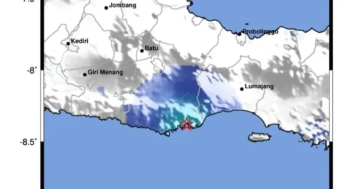 Peta pusat gempa magnitudo 3.1 di wilayah Kabupaten Malang, Jawa Timur, 7 Agustus 2025