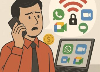 Ilustrasi pengguna internet mengakses layanan WhatsApp Call, Zoom, dan Google Meet