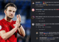 Ivan Rakitic mengenakan jersey Sevilla sambil bertepuk tangan, disertai tangkapan layar komentar Instagram yang mengandung chant kontroversial.
