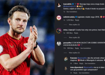 Ivan Rakitic mengenakan jersey Sevilla sambil bertepuk tangan, disertai tangkapan layar komentar Instagram yang mengandung chant kontroversial.