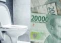 Toilet duduk putih dan tumpukan uang kertas rupiah pecahan dua puluh ribu, sebagai ilustrasi perbandingan kebersihan.