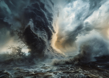 Tsunami raksasa dengan gelombang besar menghantam pesisir.