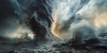 Tsunami raksasa dengan gelombang besar menghantam pesisir.