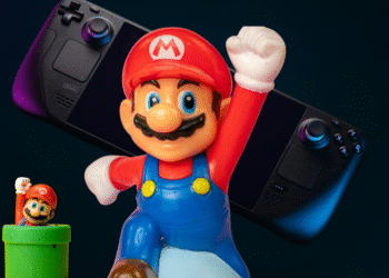 Figur Mario di depan konsol game