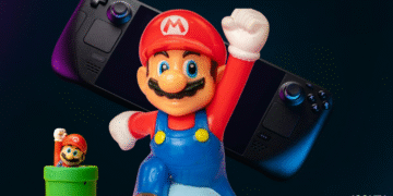 Figur Mario di depan konsol game