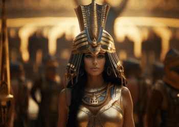 Ilustrasi realistis Cleopatra bermahkota emas di tengah pasukan Mesir.