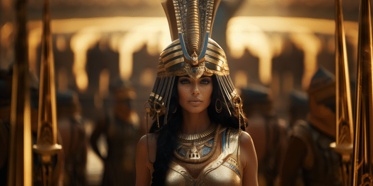 Ilustrasi realistis Cleopatra bermahkota emas di tengah pasukan Mesir.