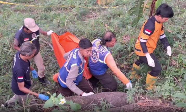 Polisi dan relawan membawa kantong jenazah korban mutilasi Pacet