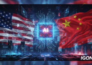 Ilustrasi persaingan chip AI antara Amerika Serikat dan China