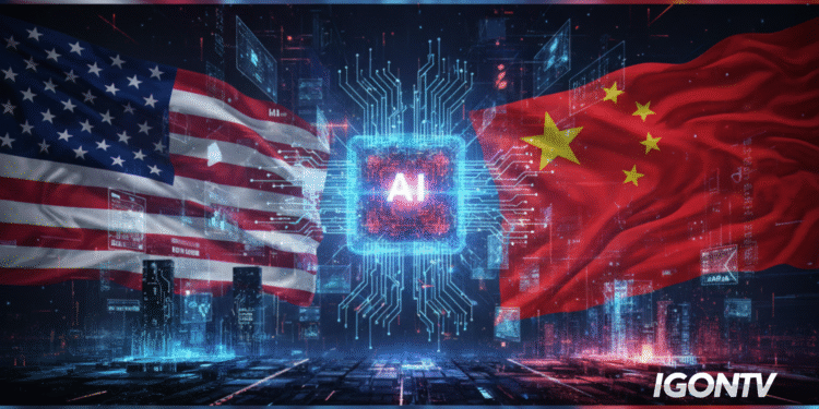 Ilustrasi persaingan chip AI antara Amerika Serikat dan China
