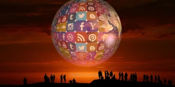 Ilustrasi pemblokiran media sosial global dengan logo Facebook, YouTube, X, dan platform lainnya.