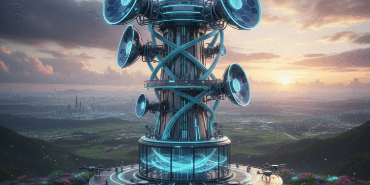 Menara jaringan fiber optic berteknologi tinggi simbol internet 10G di China